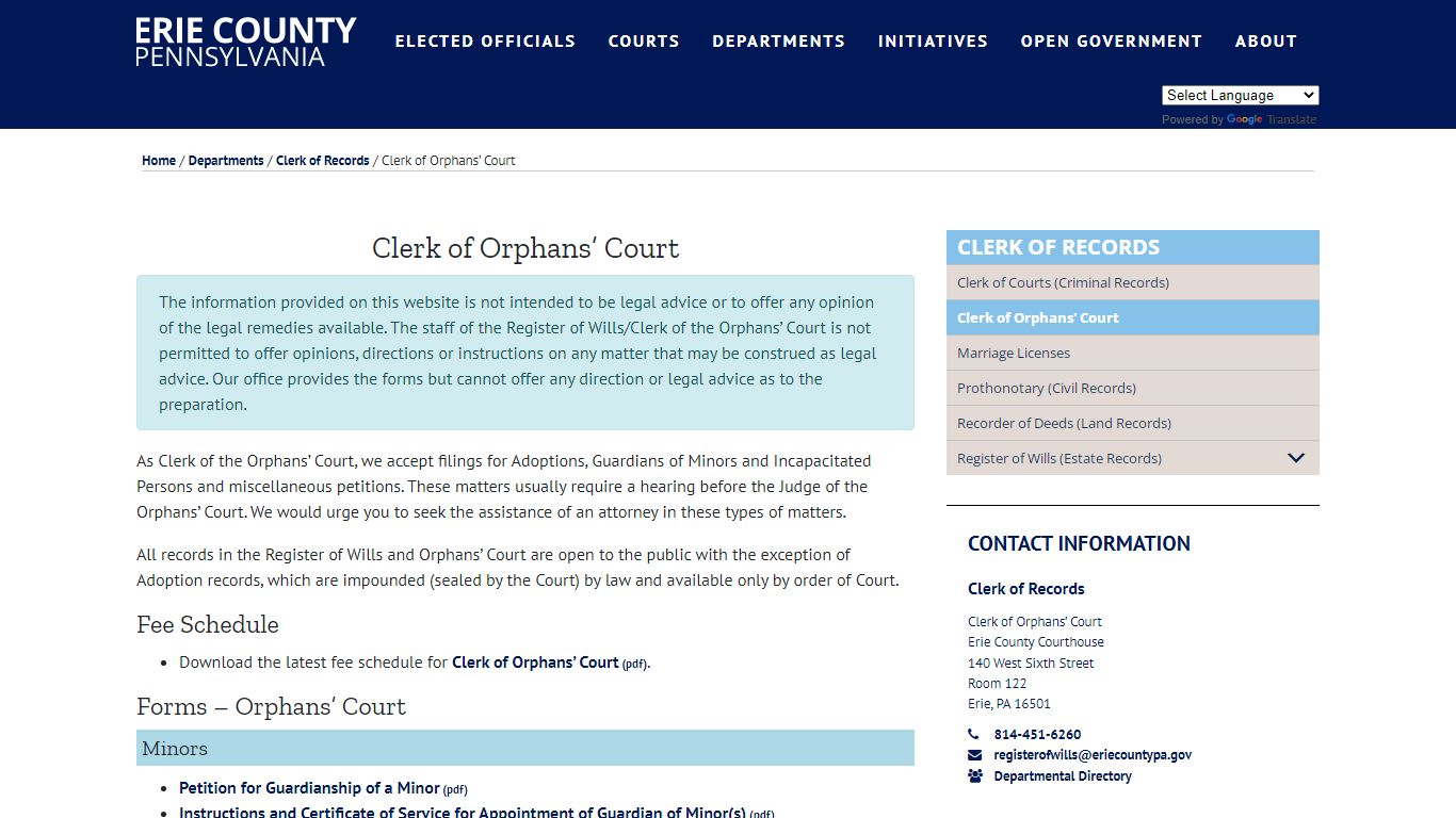 Clerk of Orphans' Court - Erie County, PA